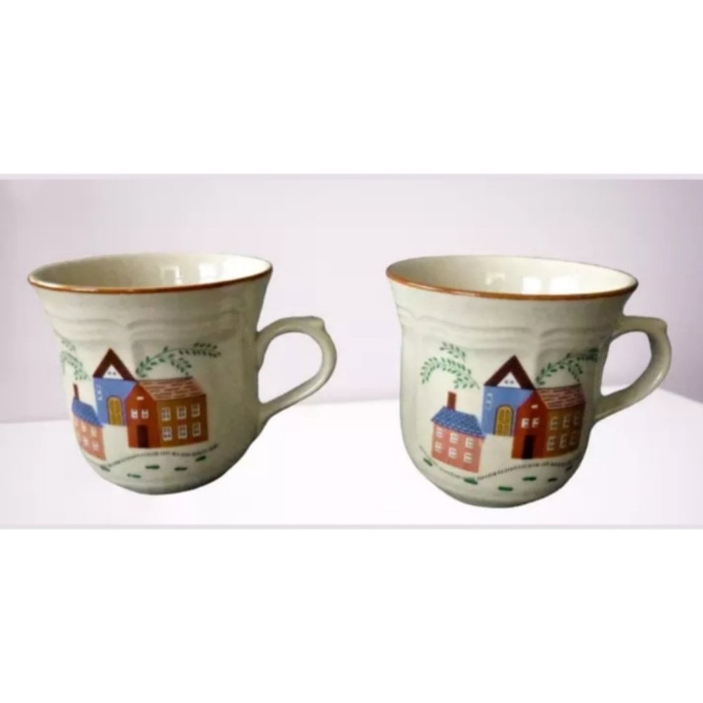 NEWCOR Tea Coffee Mug Cup " Our Country" Stoneware Beige Decorated SET of 5